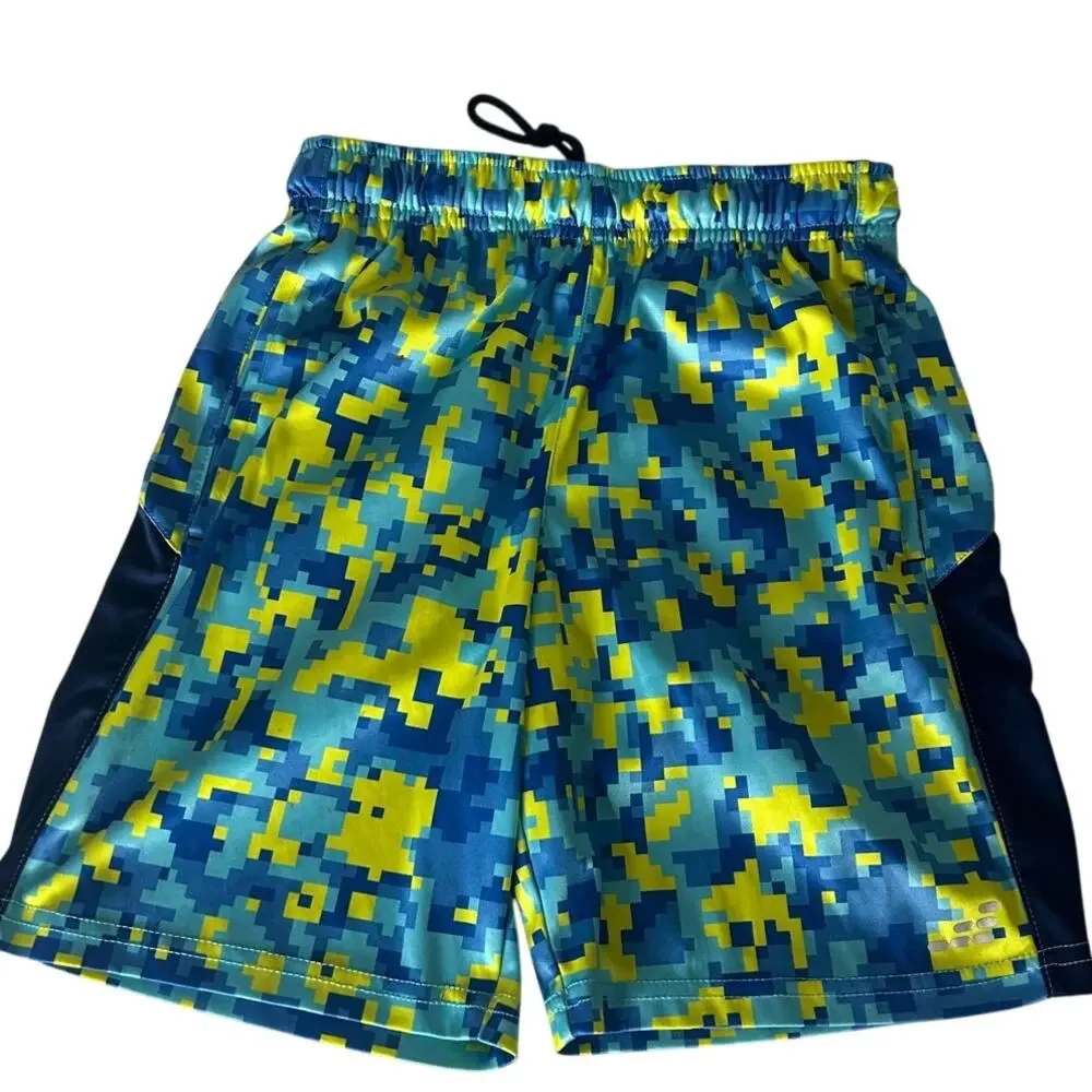 BCG Boys 10-12 Medium Digital Camo shorts Yellow Cran and Royal Blue camo